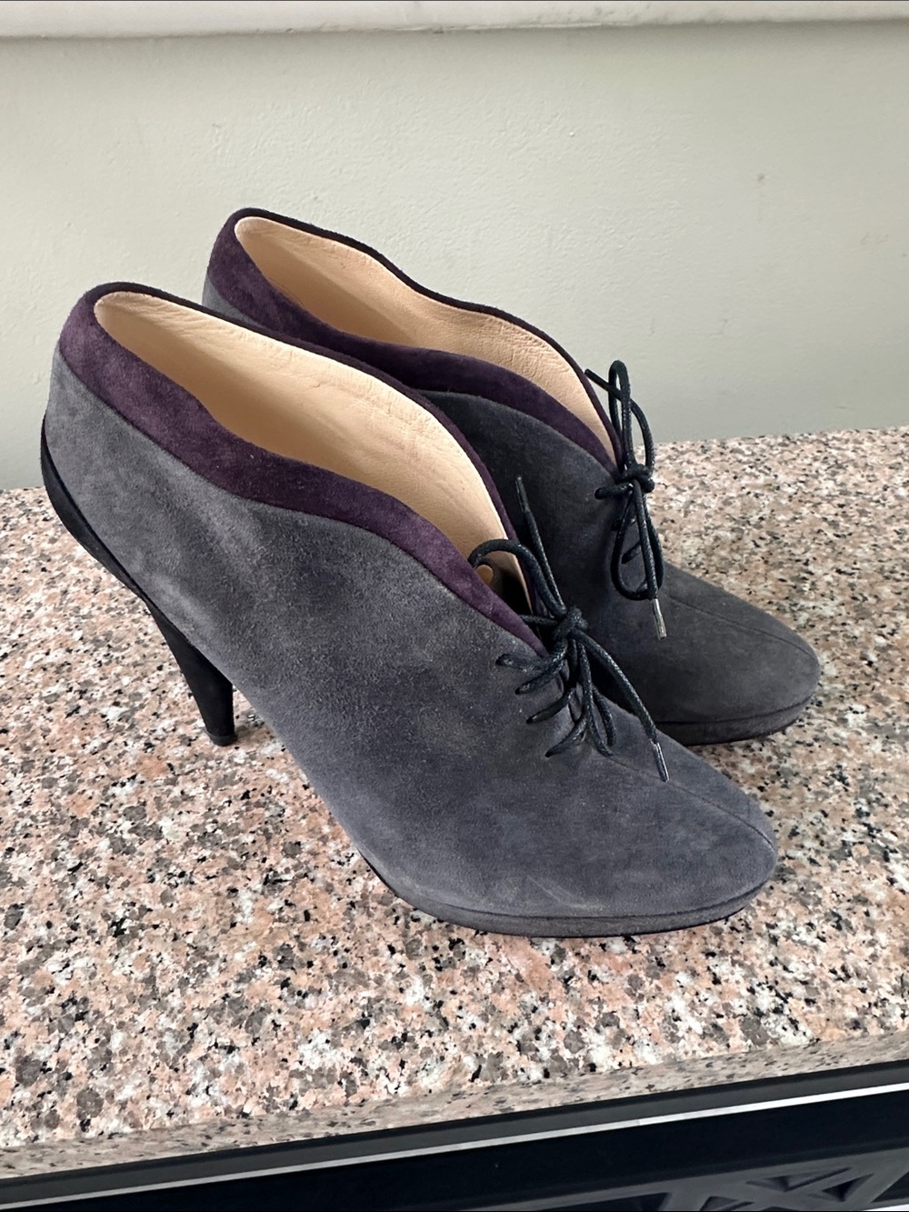 Prada Gray Suede Lace-Up Heeled Ankle Boot with Purple Trim